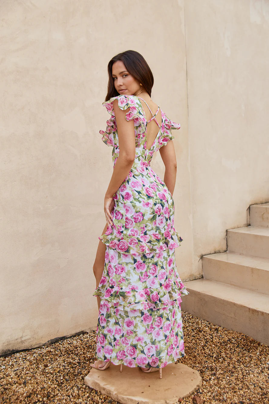 Pink Green Floral Ruffle Sleeve Slit Maxi Evening Dresses