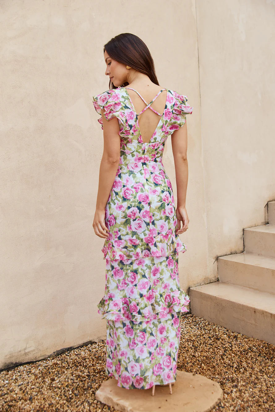 Pink Green Floral Ruffle Sleeve Slit Maxi Evening Dresses
