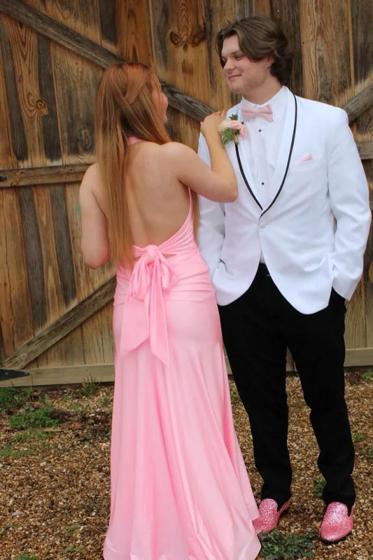 Pink Halter Mermaid Satin Pleated Sleeveless Long Prom Dress with Slit