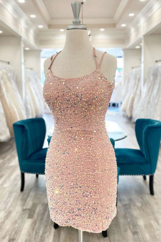 Pink Iridescent Sequin Lace-Up Short Homecoming Dress