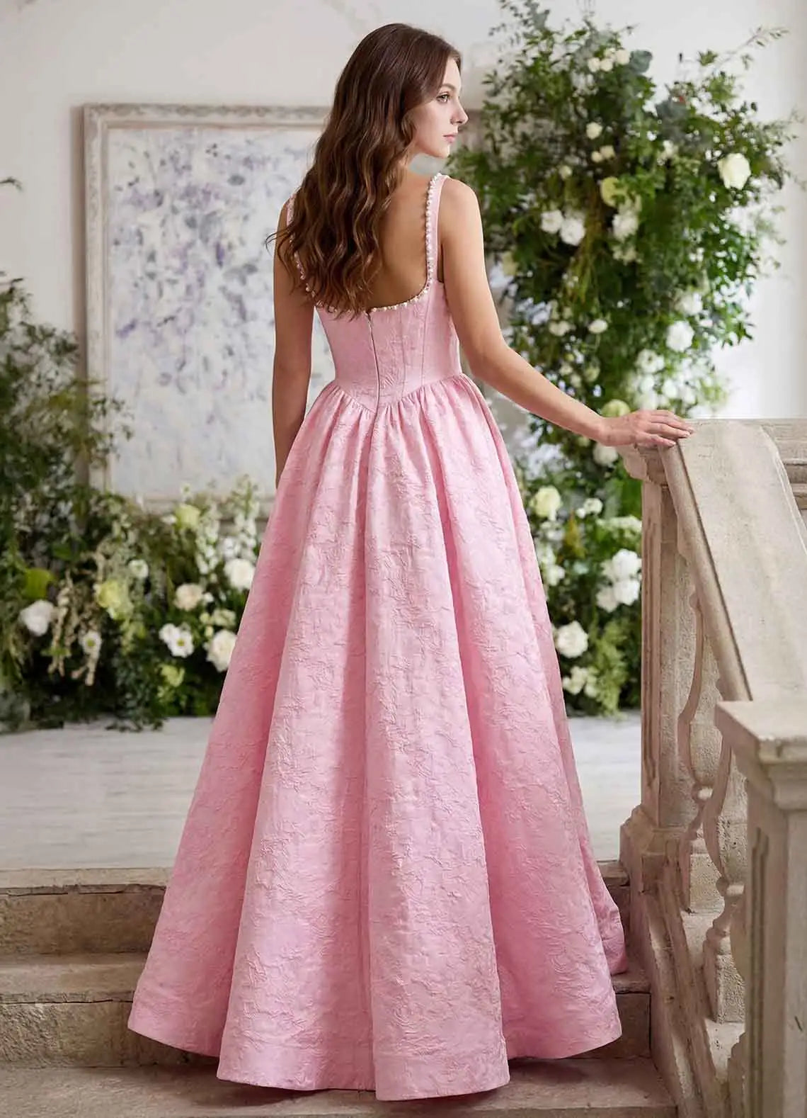 Pink Jacquard Square Neck Pearl Trim High Slit Ball Gown Evening Dresses