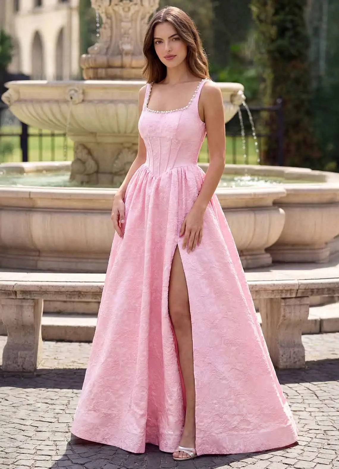 Pink Jacquard Square Neck Pearl Trim High Slit Ball Gown Evening Dresses
