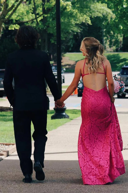 Pink Lace Mermaid Long Prom Dress with Slit