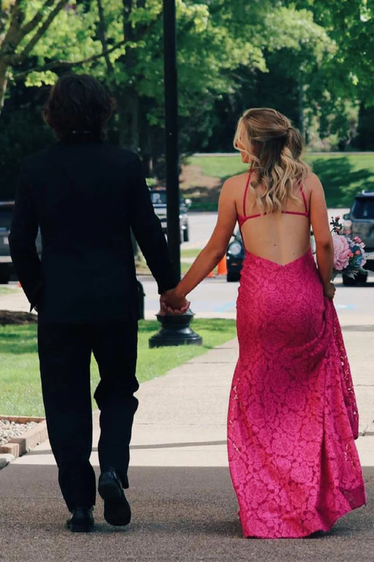 Pink Lace Mermaid Long Prom Dress with Slit
