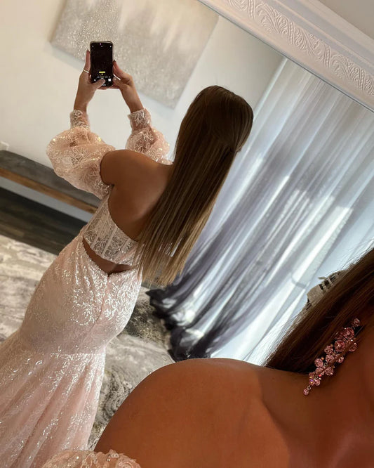 Pink Lace Sweetheart Trumpet Long Prom Gown