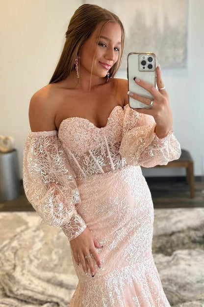 Pink Lace Sweetheart Trumpet Long Prom Gown