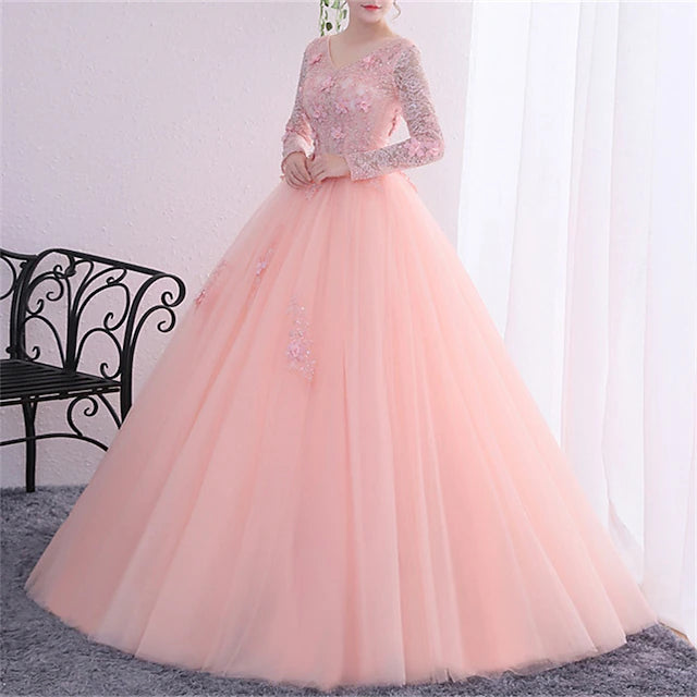 Pink Long Sleeve Lace 3D Floral Tulle Evening Dresses