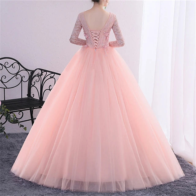 Pink Long Sleeve Lace 3D Floral Tulle Evening Dresses