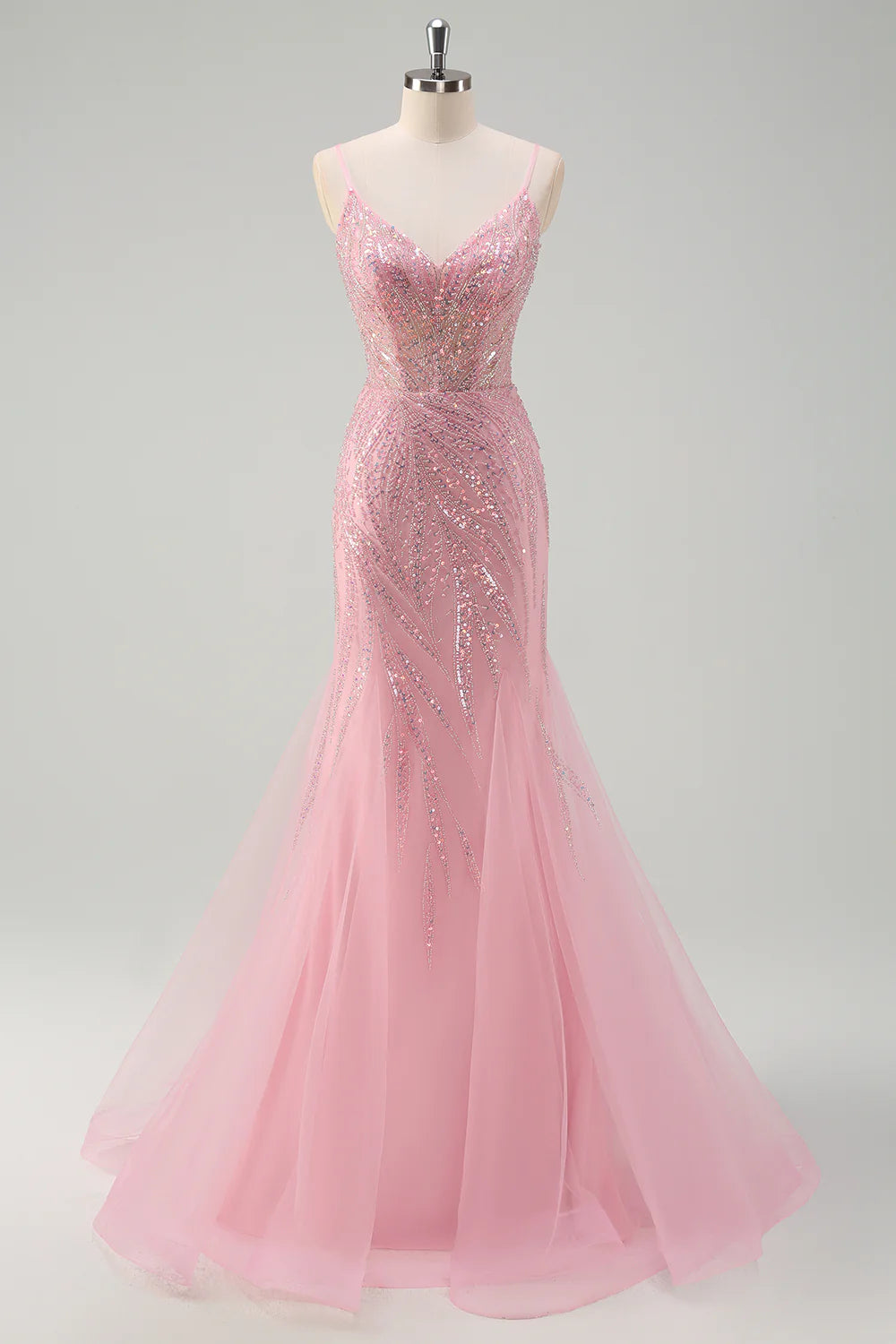 Pink Mermaid Spaghetti Straps Corset Long Prom Dress With Sequins