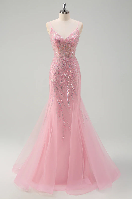 Pink Mermaid Spaghetti Straps Corset Long Prom Dress With Sequins