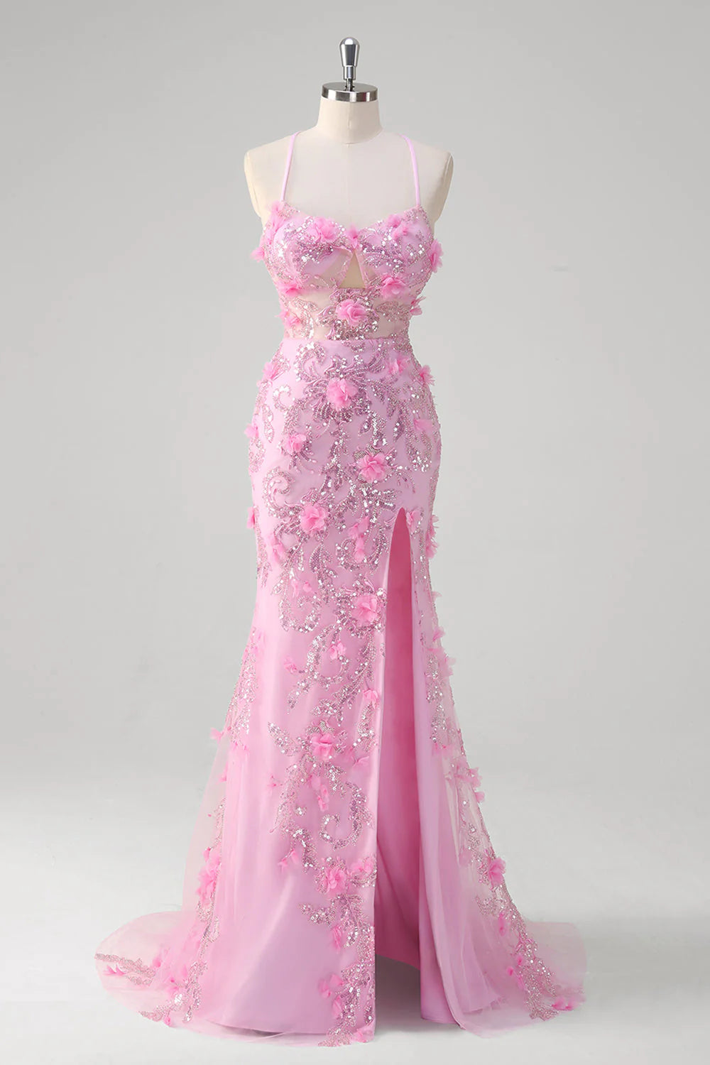 Pink Mermaid Spaghetti Straps Sequin Slit Long Prom Dress With 3D Flowers