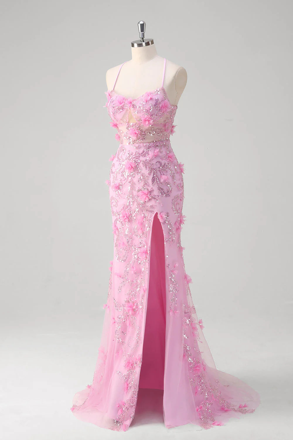 Pink Mermaid Spaghetti Straps Sequin Slit Long Prom Dress With 3D Flowers