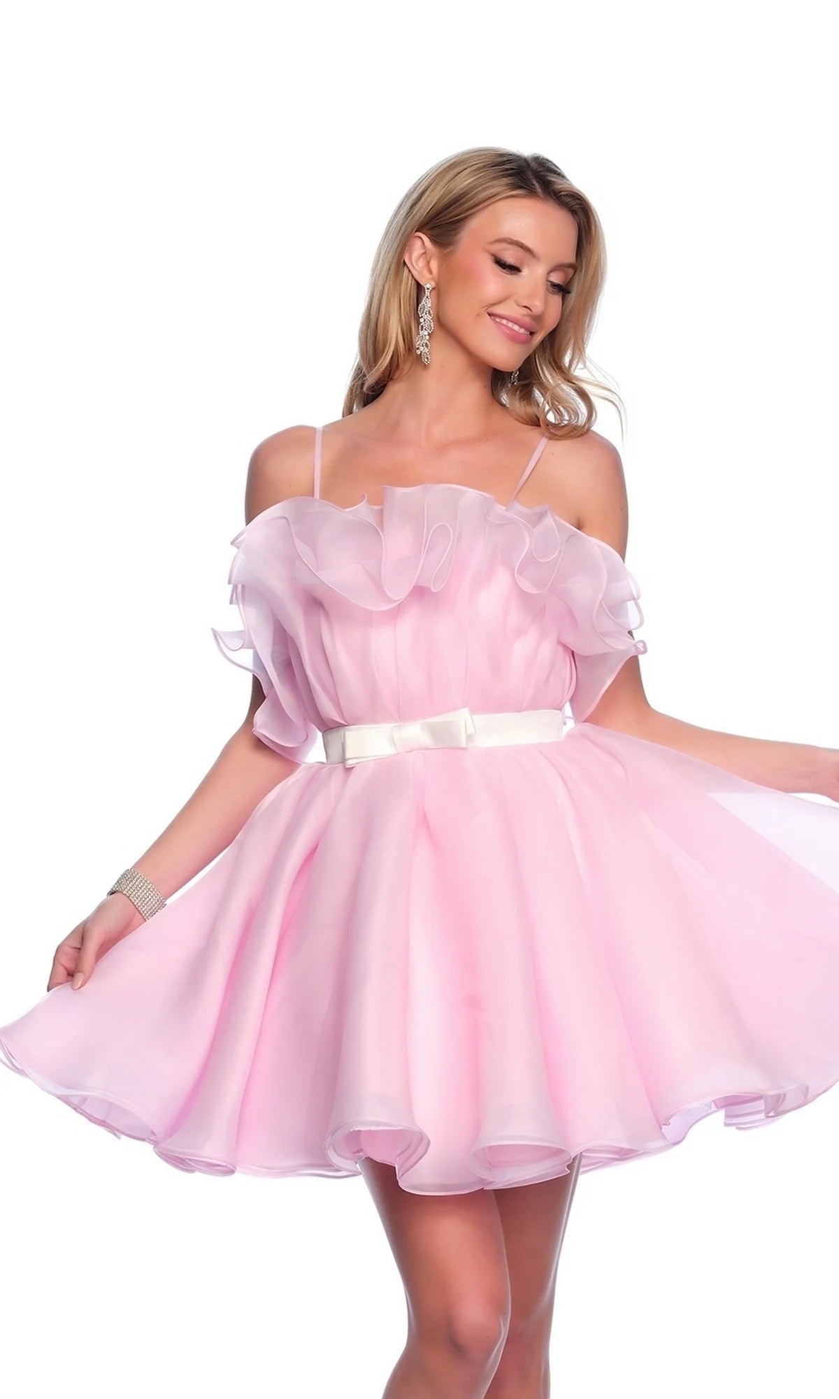 Pink Off-Shoulder Ruffle Chiffon with White Bow Belt Homecoming Dresses