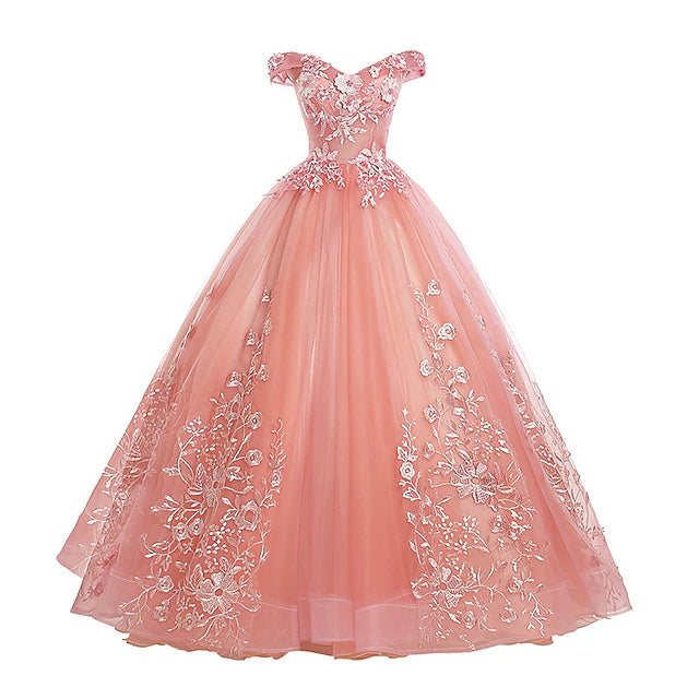 Pink Off-the-Shoulder Floral Embroidered Evening Dresses
