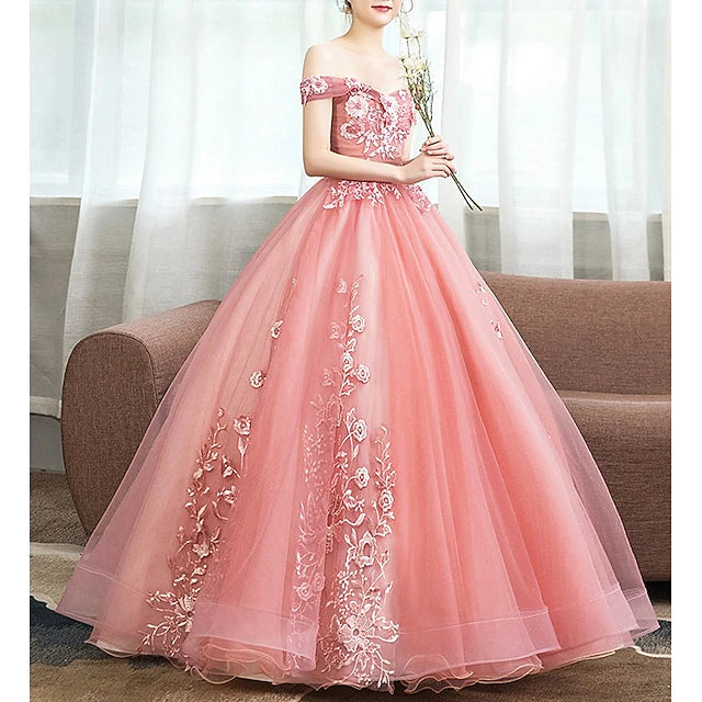 Pink Off-the-Shoulder Floral Embroidered Evening Dresses