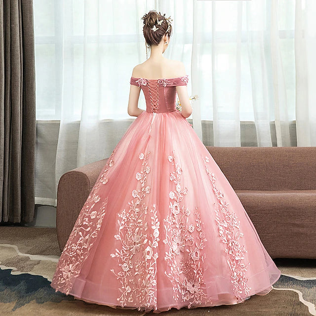 Pink Off-the-Shoulder Floral Embroidered Evening Dresses