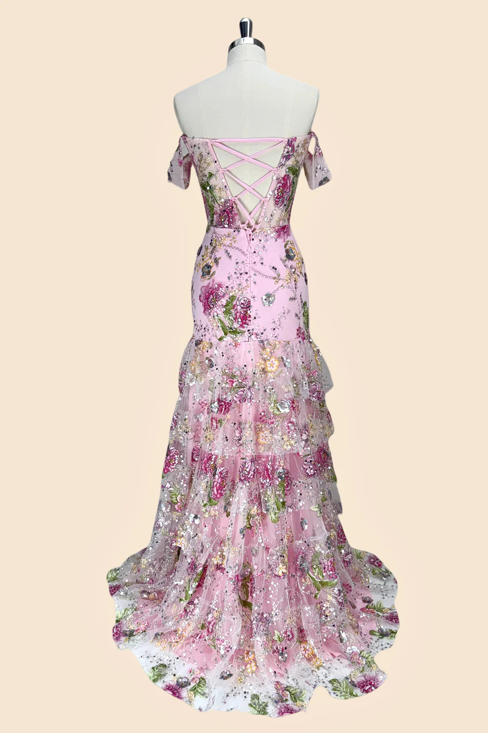 Pink Off-the-Shoulder Floral Sequin Mermaid Evening Dresses