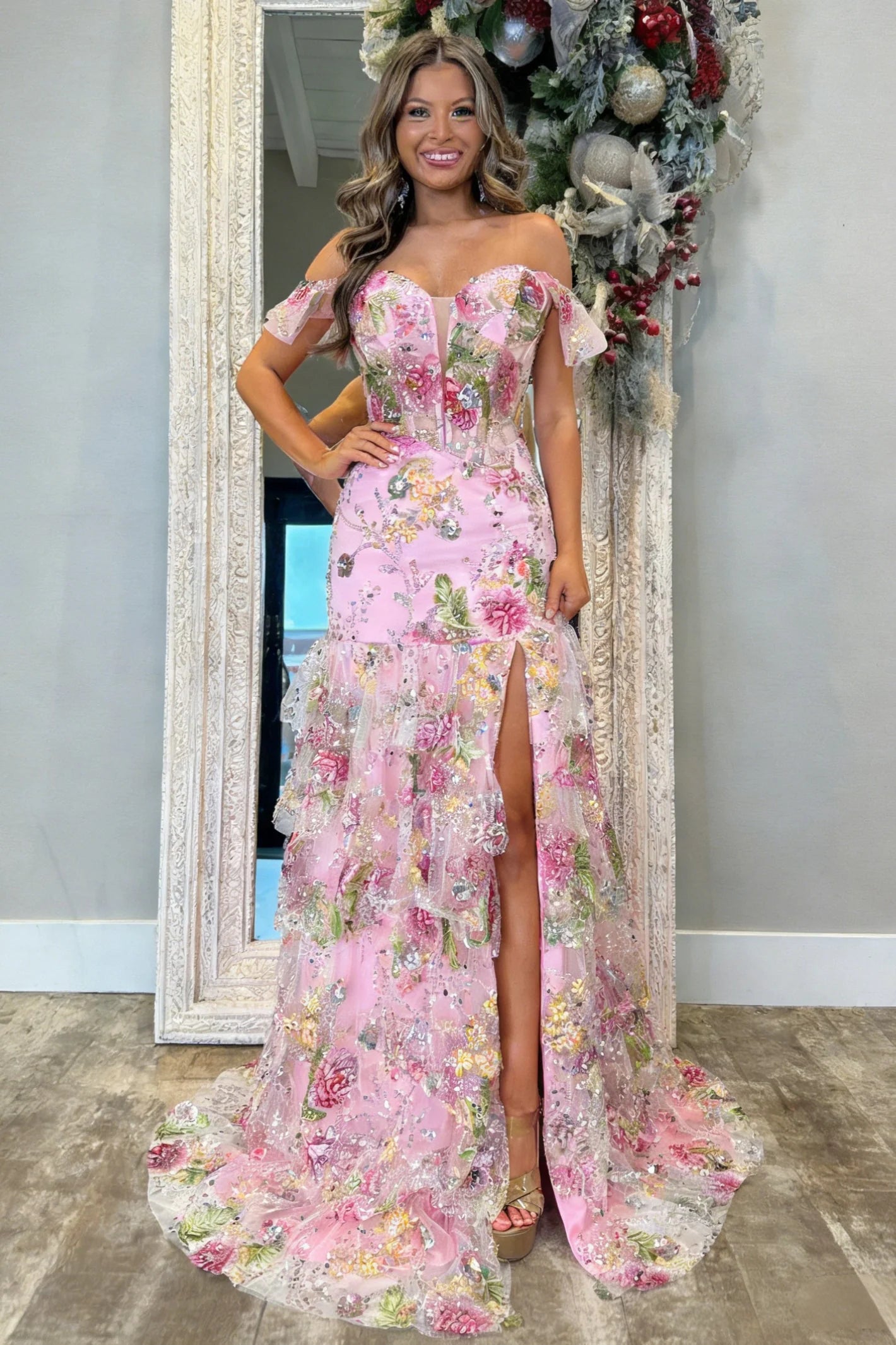 Pink Off-the-Shoulder Floral Sequin Mermaid Evening Dresses