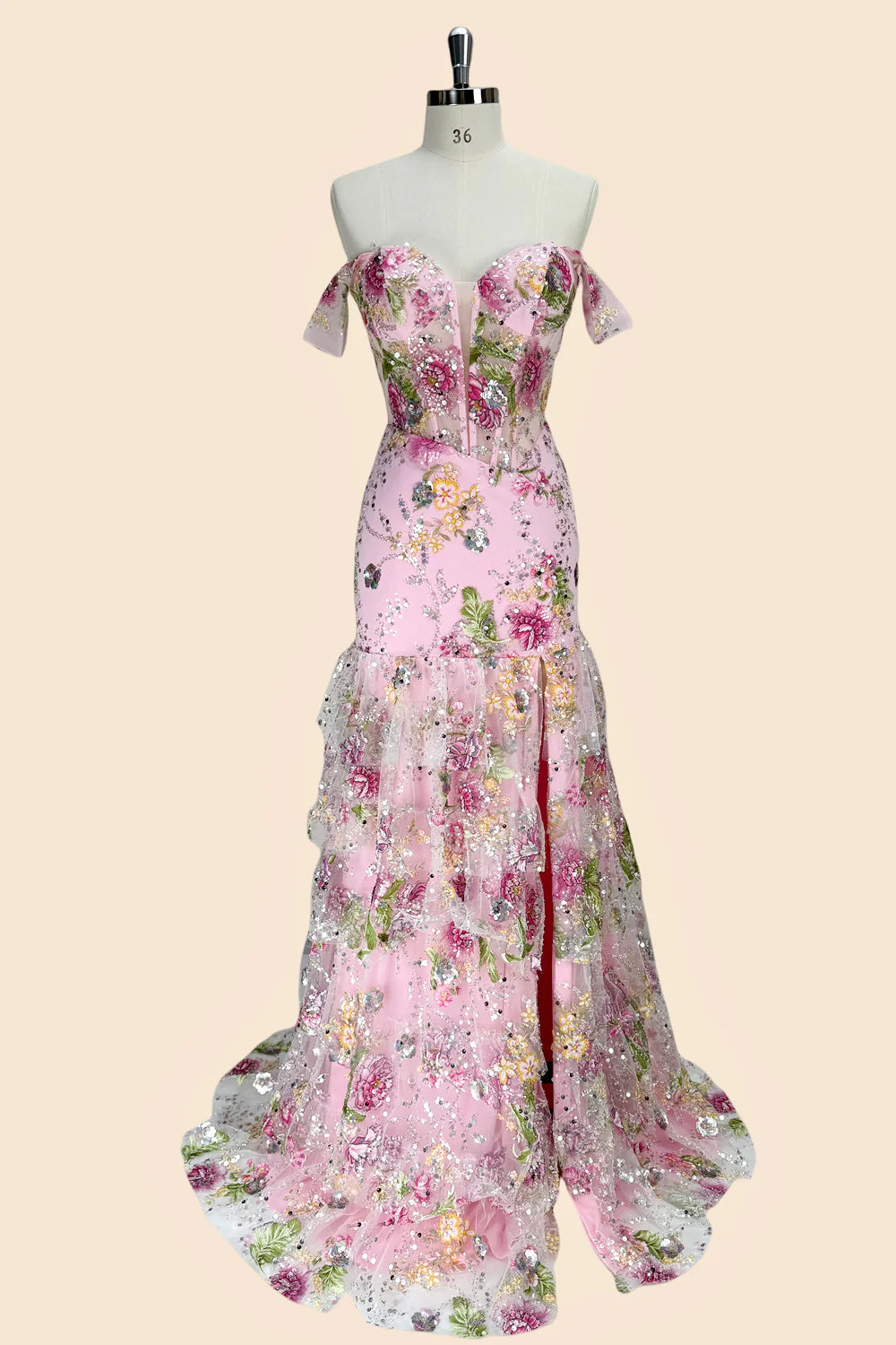 Pink Off-the-Shoulder Floral Sequin Mermaid Evening Dresses
