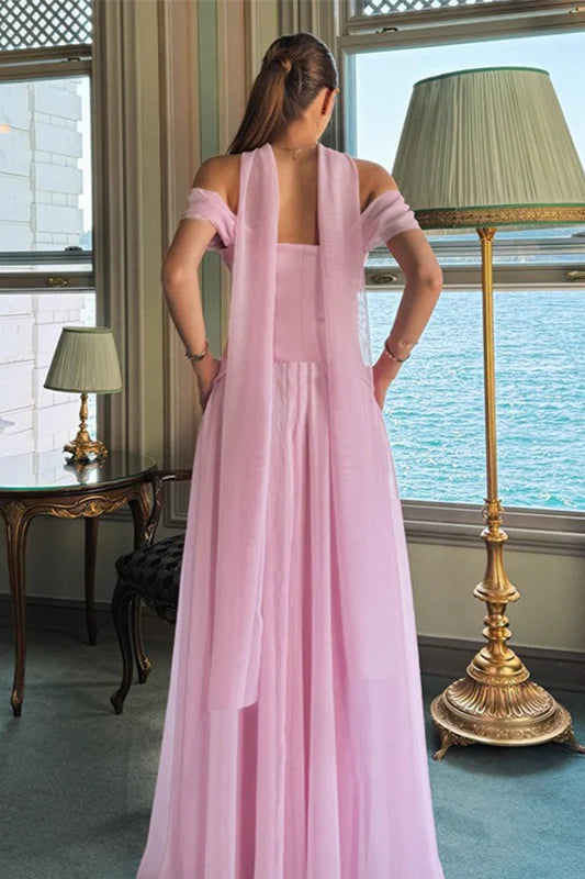 Pink Off-the-Shoulder Halter Scarf Detail Satin Bodice Flared Maxi Evening Dresses