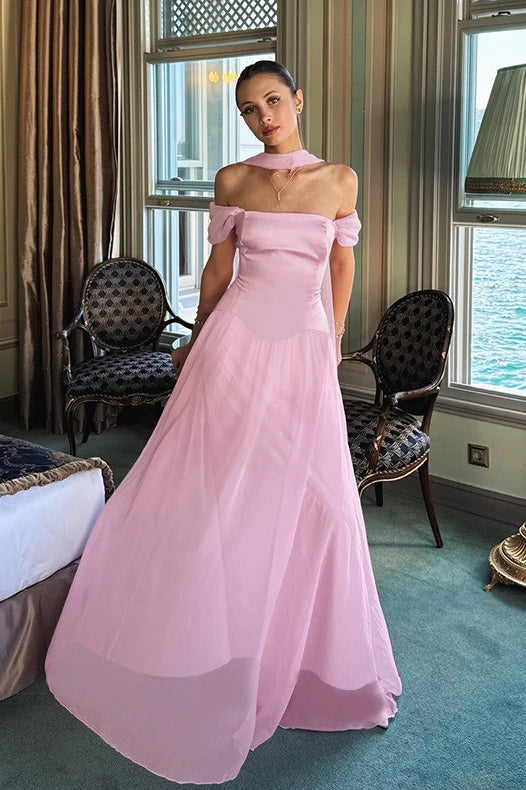 Pink Off-the-Shoulder Halter Scarf Detail Satin Bodice Flared Maxi Evening Dresses