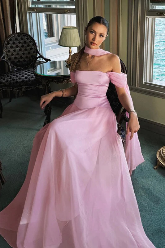 Pink Off-the-Shoulder Halter Scarf Detail Satin Bodice Flared Maxi Evening Dresses