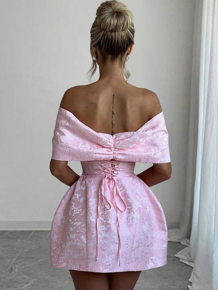 Pink Off-the-Shoulder Jacquard Bow Homecoming Dresses