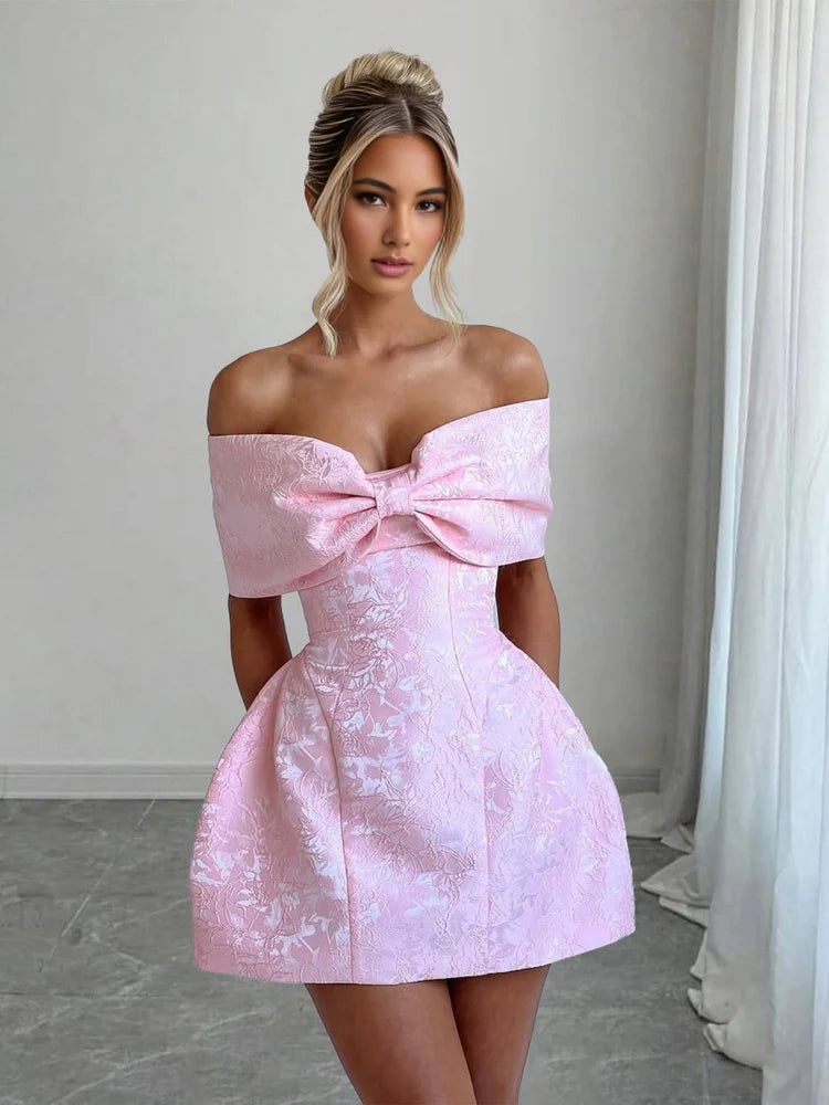 Pink Off-the-Shoulder Jacquard Bow Homecoming Dresses
