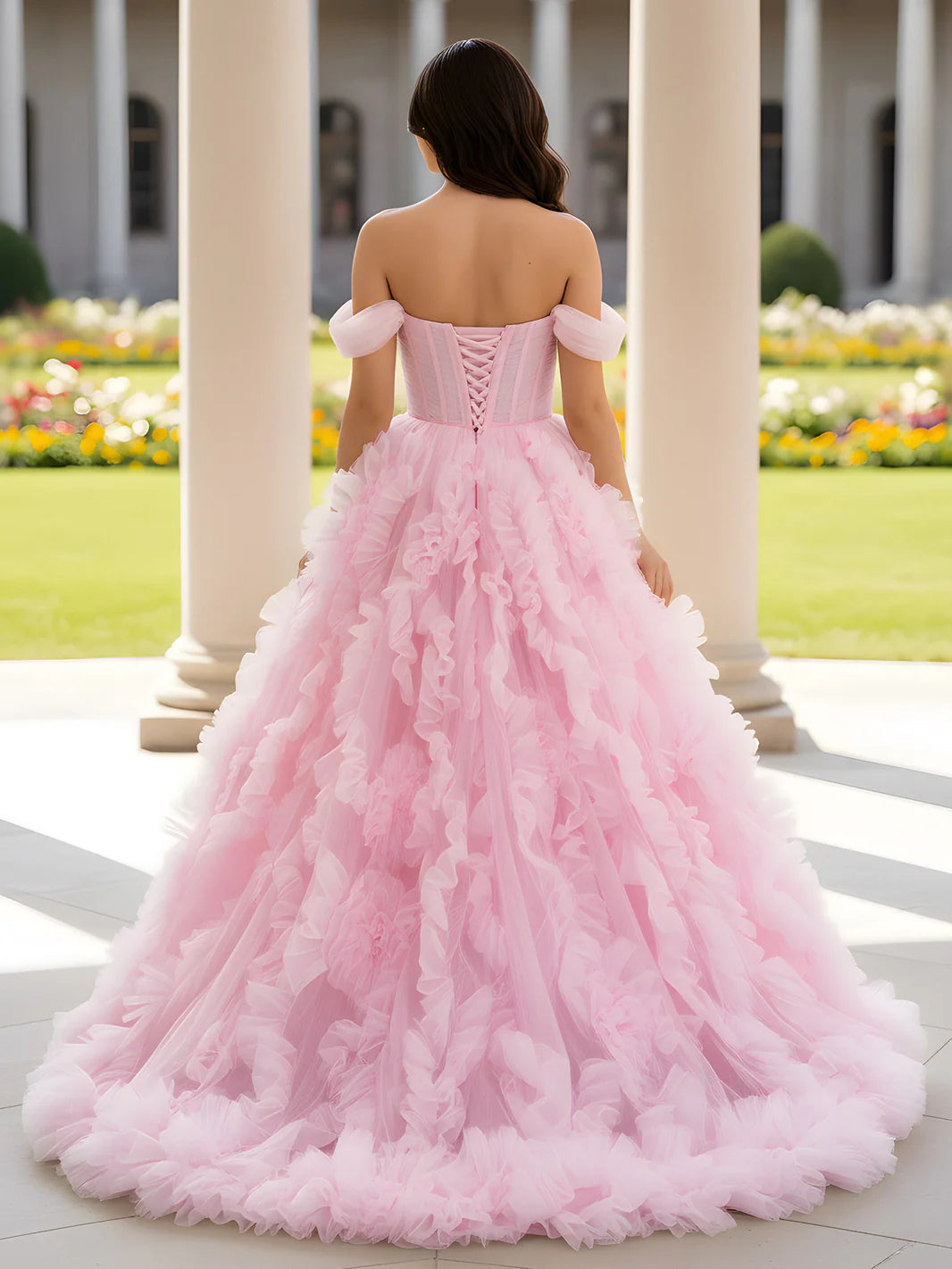 Pink Off-the-Shoulder Ruffle Tulle Ball Gown Evening Dresses