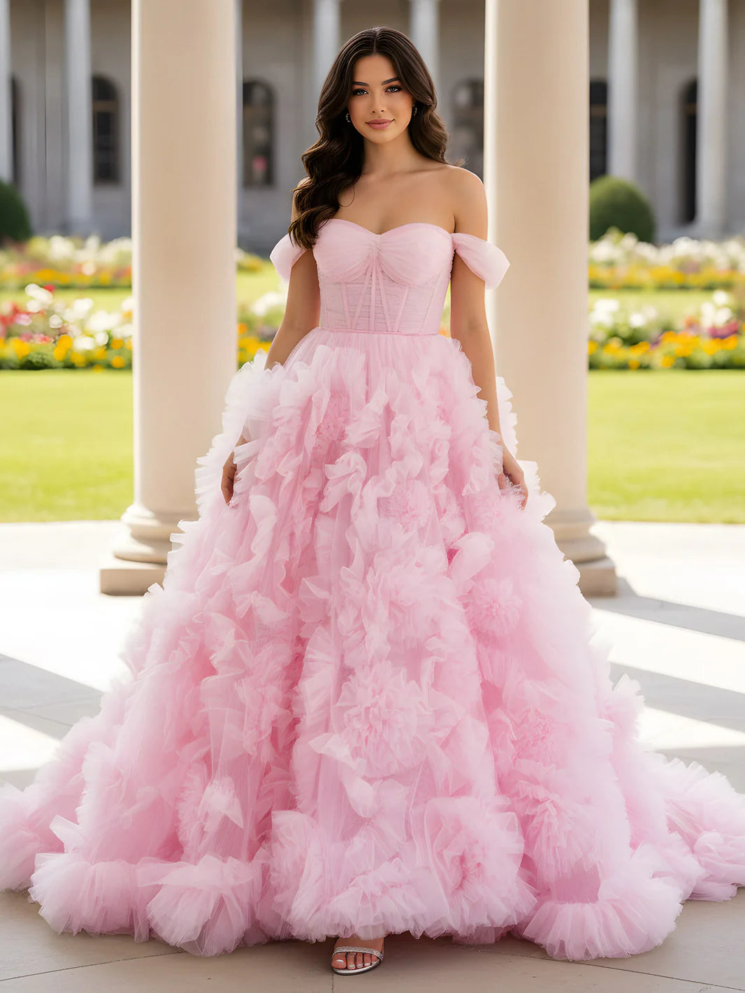Pink Off-the-Shoulder Ruffle Tulle Ball Gown Evening Dresses
