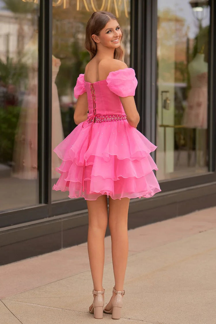 Pink Off-the-Shoulder Tiered Tulle Homecoming Dresses