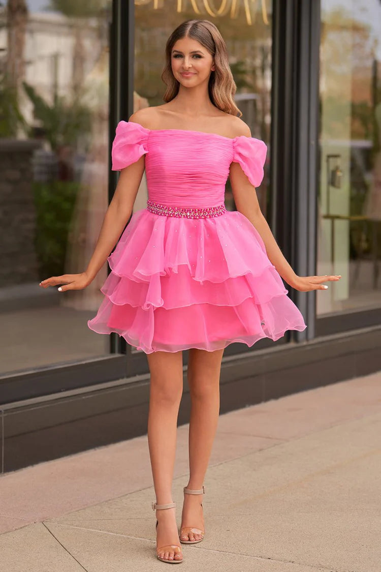 Pink Off-the-Shoulder Tiered Tulle Homecoming Dresses