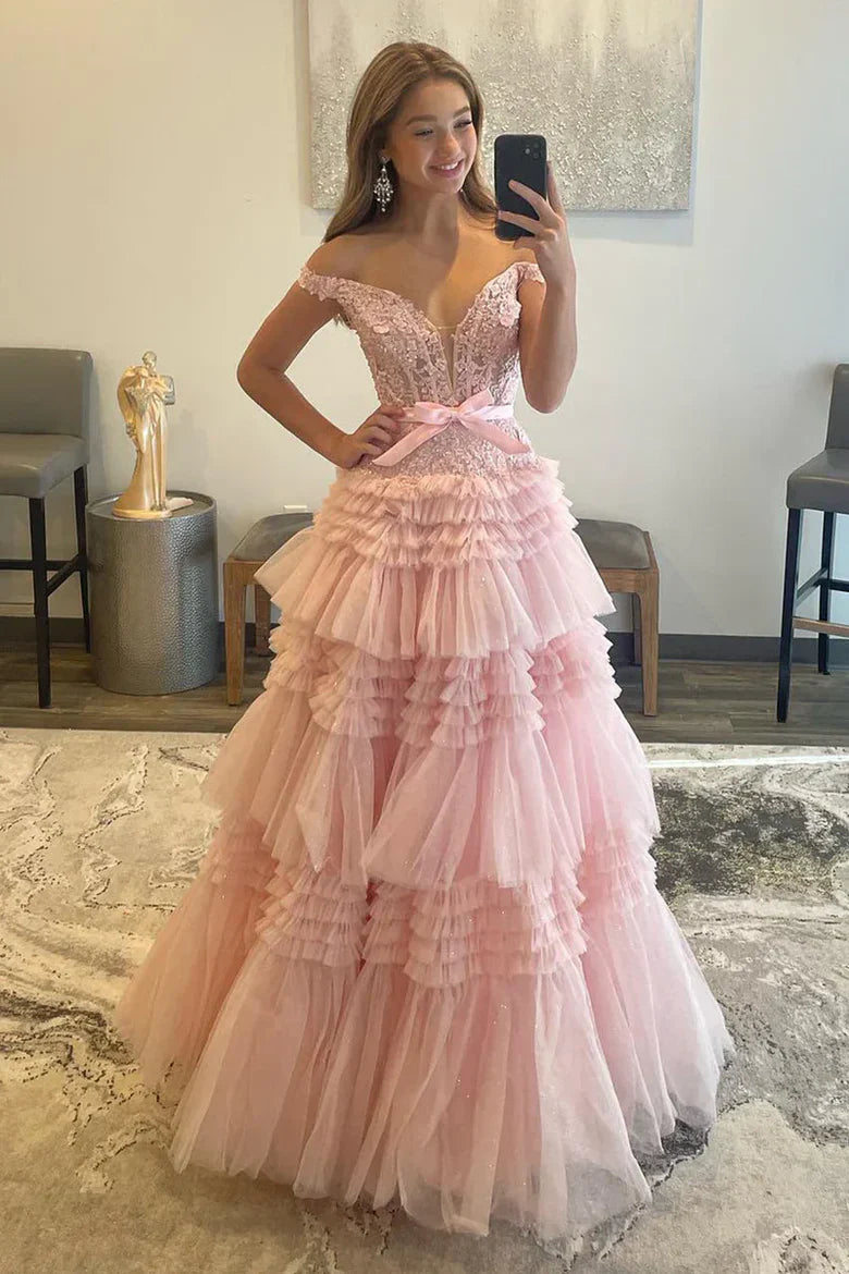 Pink Off-the-Shoulder Tiered Tulle Prom Dress with Lace Bodice and Satin Bow Sash