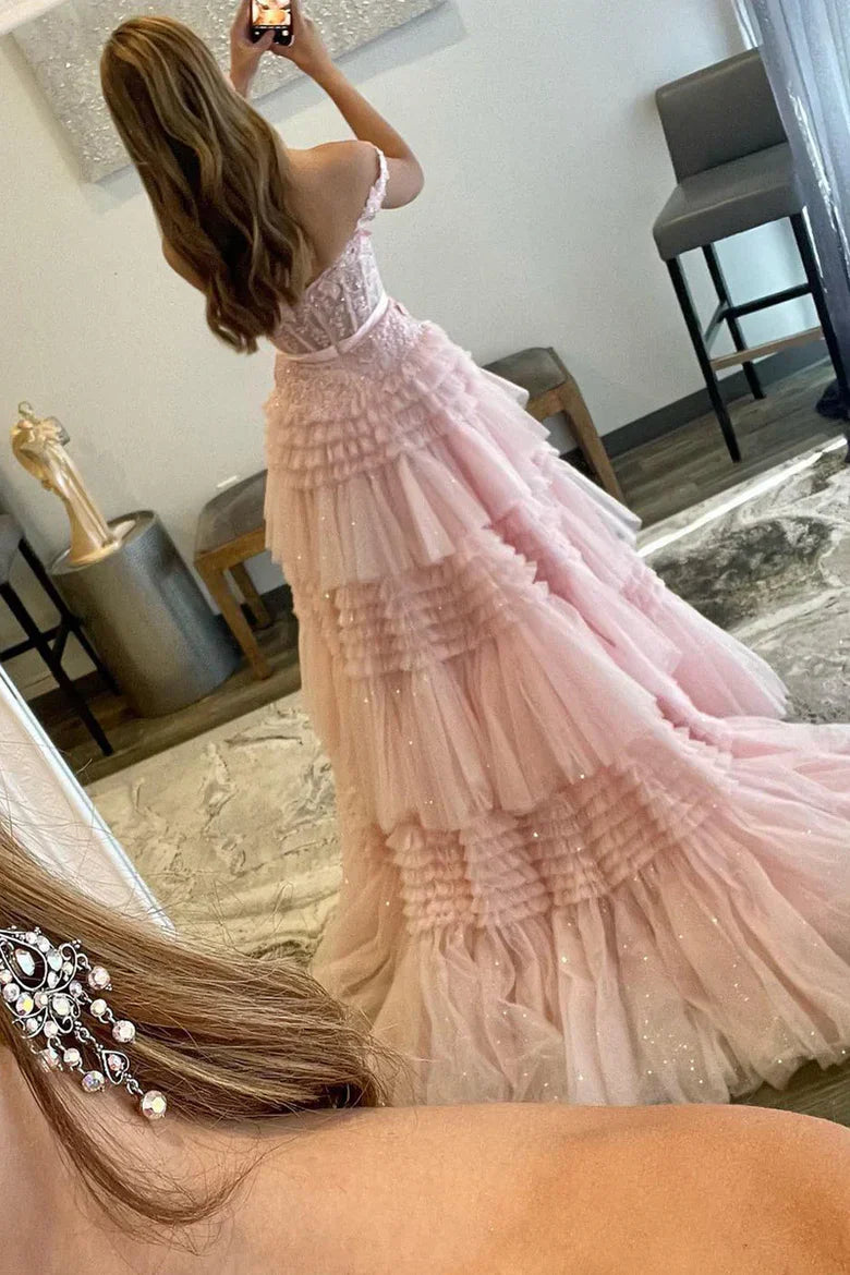 Pink Off-the-Shoulder Tiered Tulle Prom Dress with Lace Bodice and Satin Bow Sash