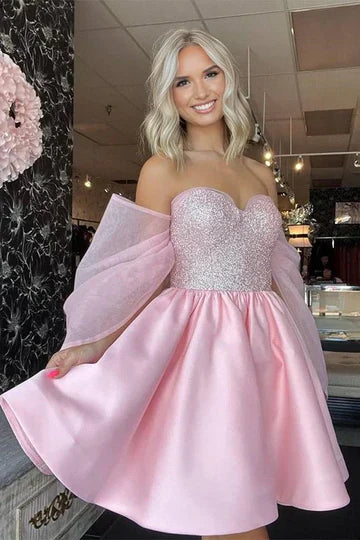 Pink Off Shoulder Sequin Bodice Satin Mini Dress with Tulle Sleeves & Bow Back