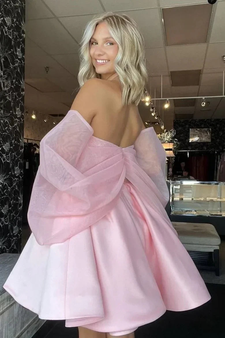 Pink Off Shoulder Sequin Bodice Satin Mini Dress with Tulle Sleeves & Bow Back