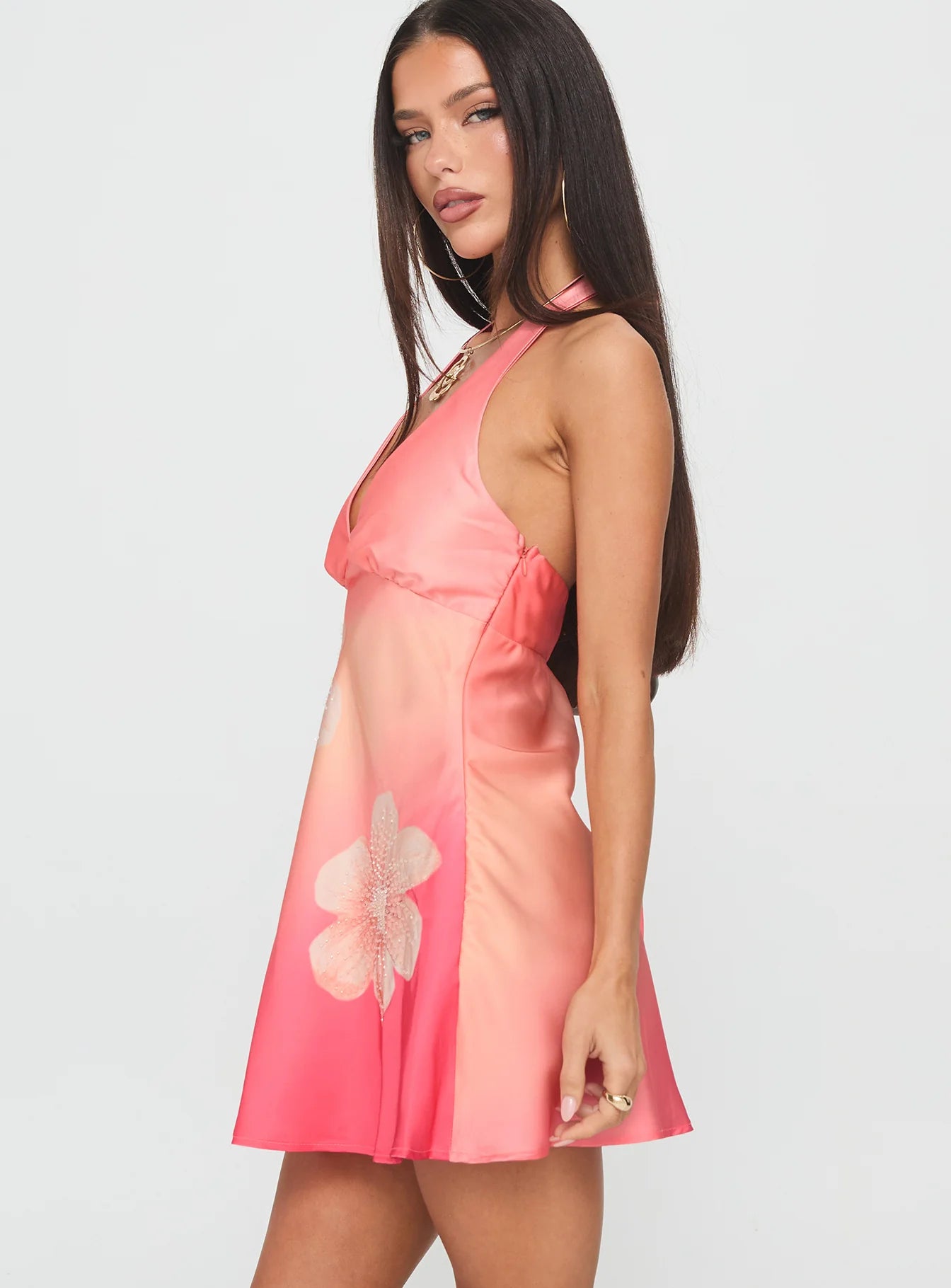 Pink Ombre Floral Halter Neck Tie Back A-Line Mini Evening Dresses