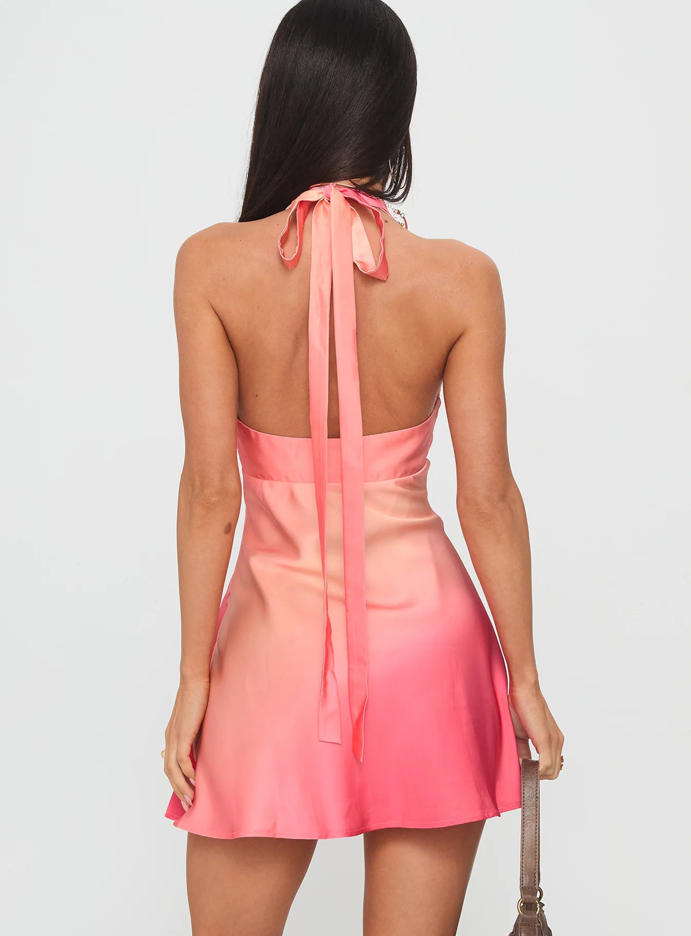 Pink Ombre Floral Halter Neck Tie Back A-Line Mini Evening Dresses