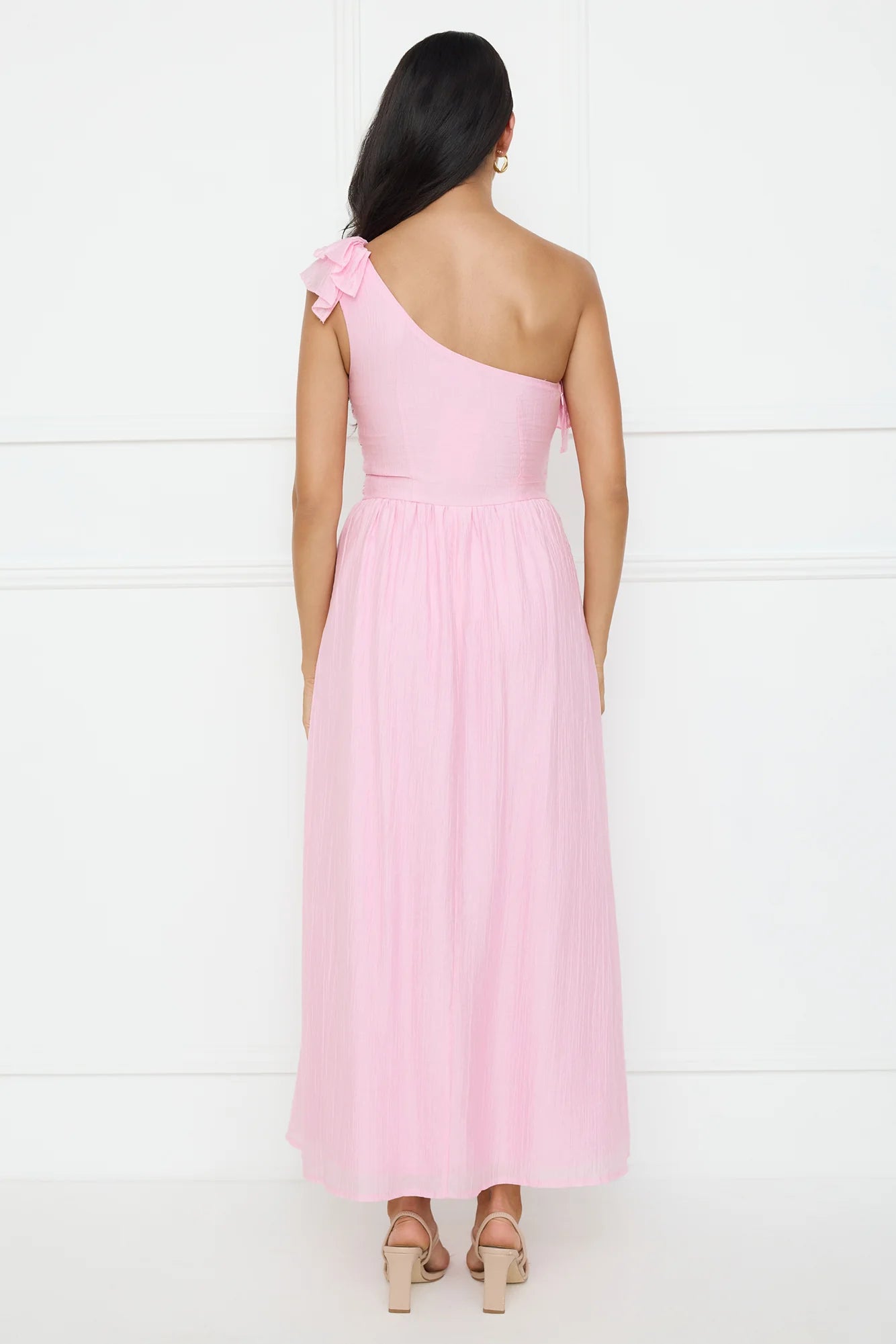 Pink One-Shoulder Ruffle Ruched High Slit Maxi Evening Dresses