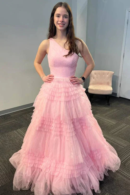 Pink One-Shoulder Tiered Tulle Maxi Dress with Glitter Pleated Bodice