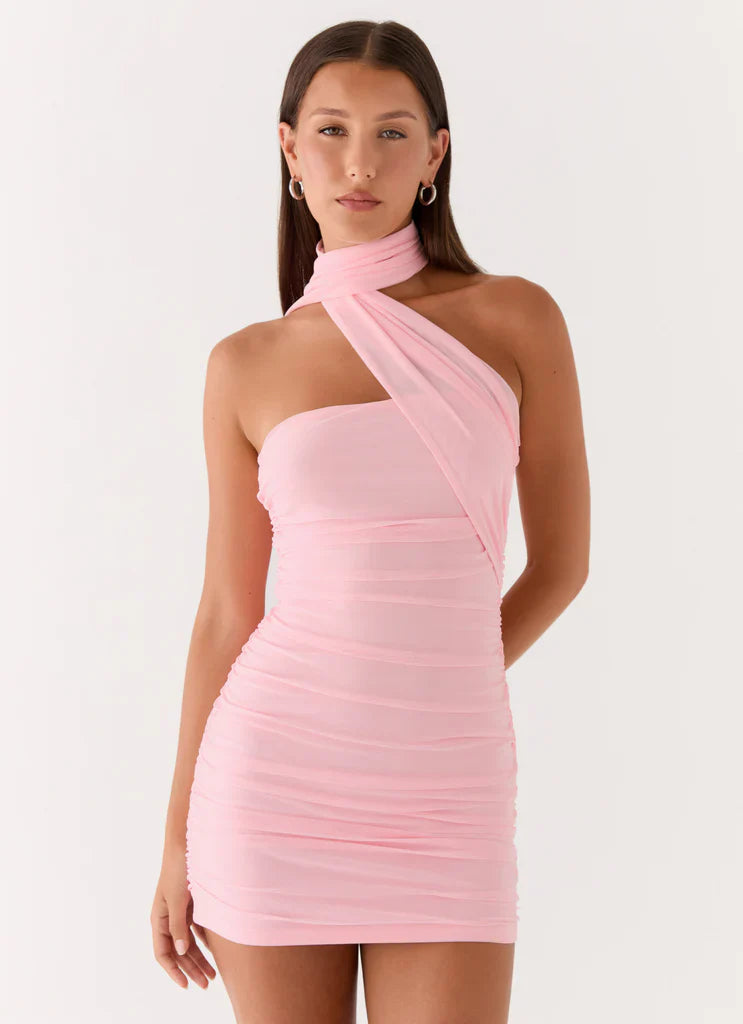 Pink One Shoulder Ruched Scarf Tie Mini Dress For Elegant Formal Party Events