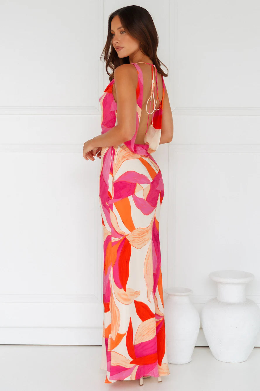 Pink Orange Abstract Print Cowl Neck Open Back Maxi Evening Dresses