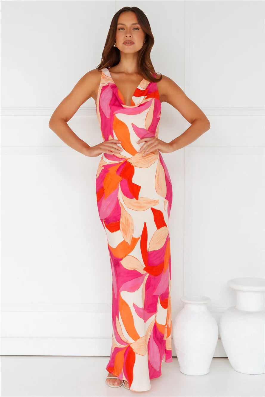 Pink Orange Abstract Print Cowl Neck Open Back Maxi Evening Dresses