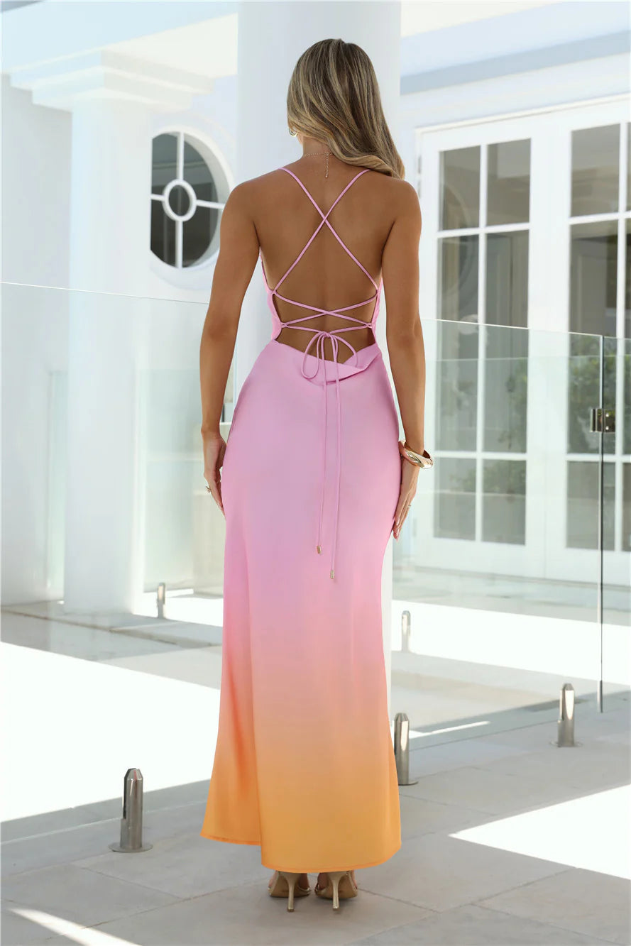 Pink Orange Ombre Satin Cowl Neck Maxi Evening Dresses with Crisscross Lace-Up Back