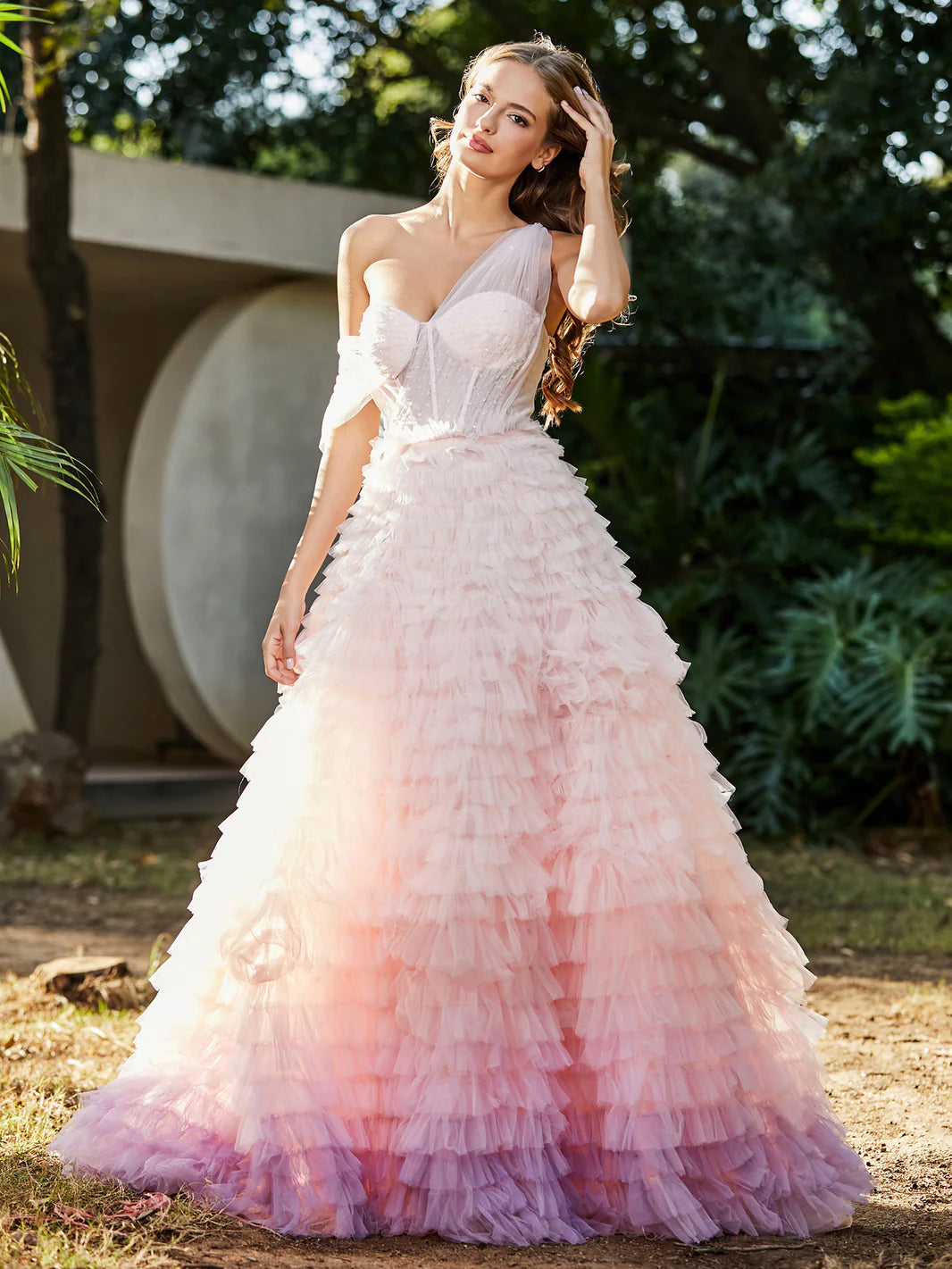 Pink Purple Ombre One-Shoulder Ruffle Tiered Tulle Ball Gown Maxi Evening Dresses