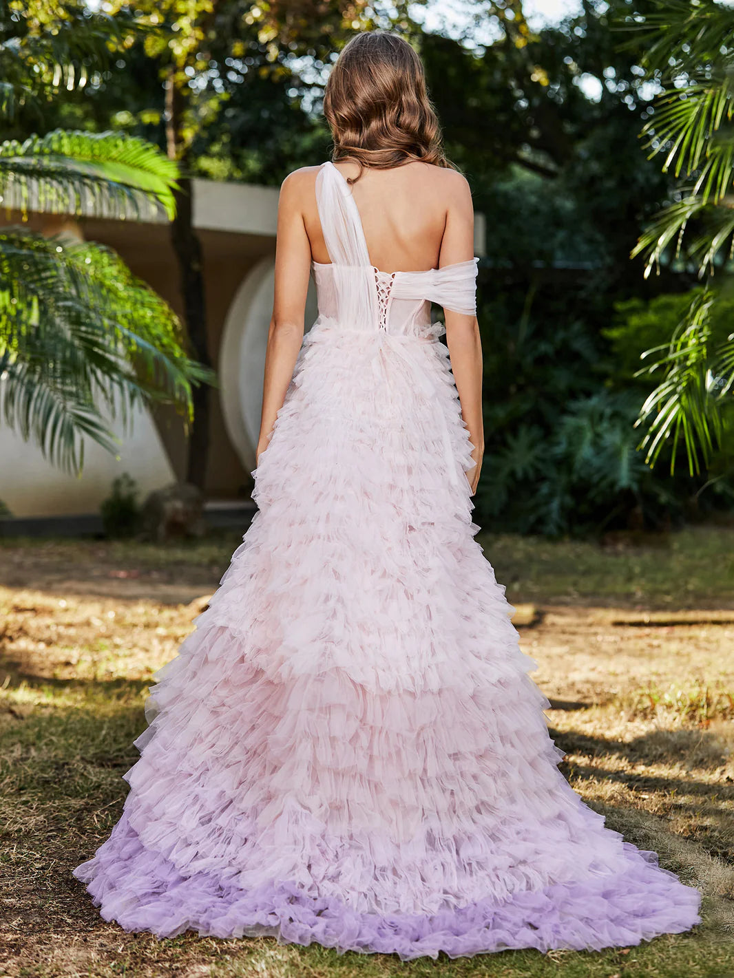 Pink Purple Ombre One-Shoulder Ruffle Tiered Tulle Ball Gown Maxi Evening Dresses