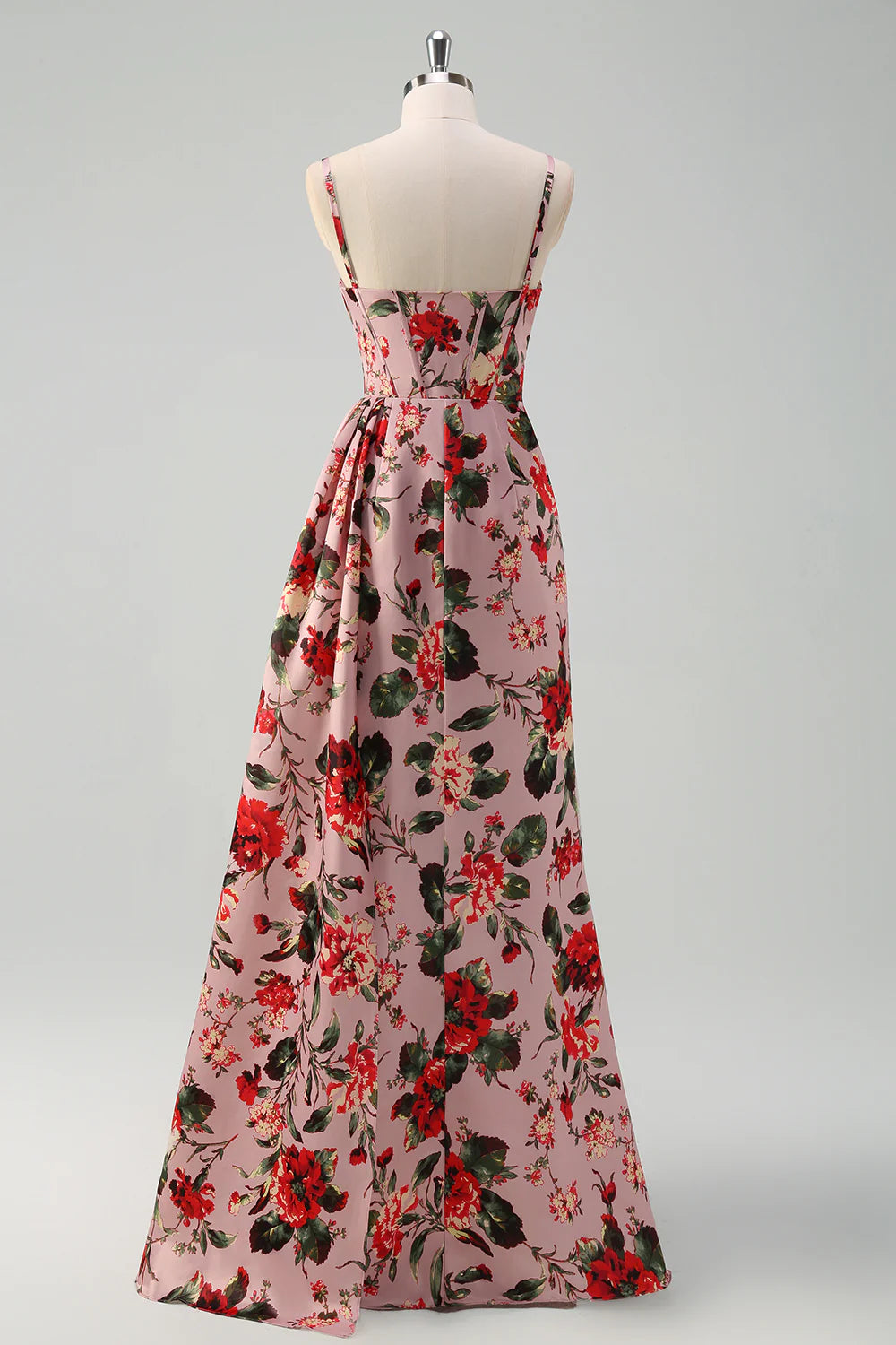 Pink Red Floral Print Spaghetti Strap Ruched High Slit Satin Maxi Evening Dresses