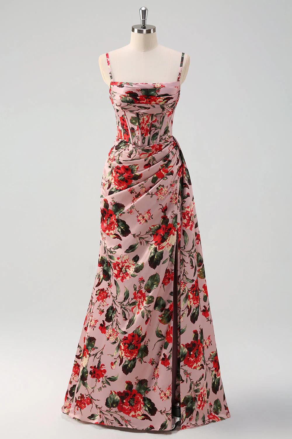 Pink Red Flower A-Line Spaghetti Straps Corset Ruched Long Prom Dress with Slit