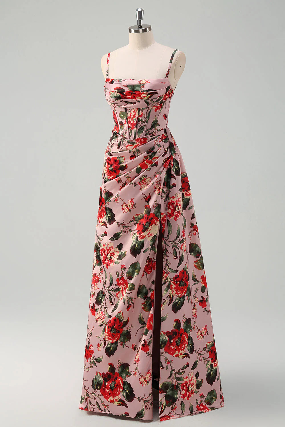 Pink Red Flower A-Line Spaghetti Straps Corset Ruched Long Prom Dress with Slit