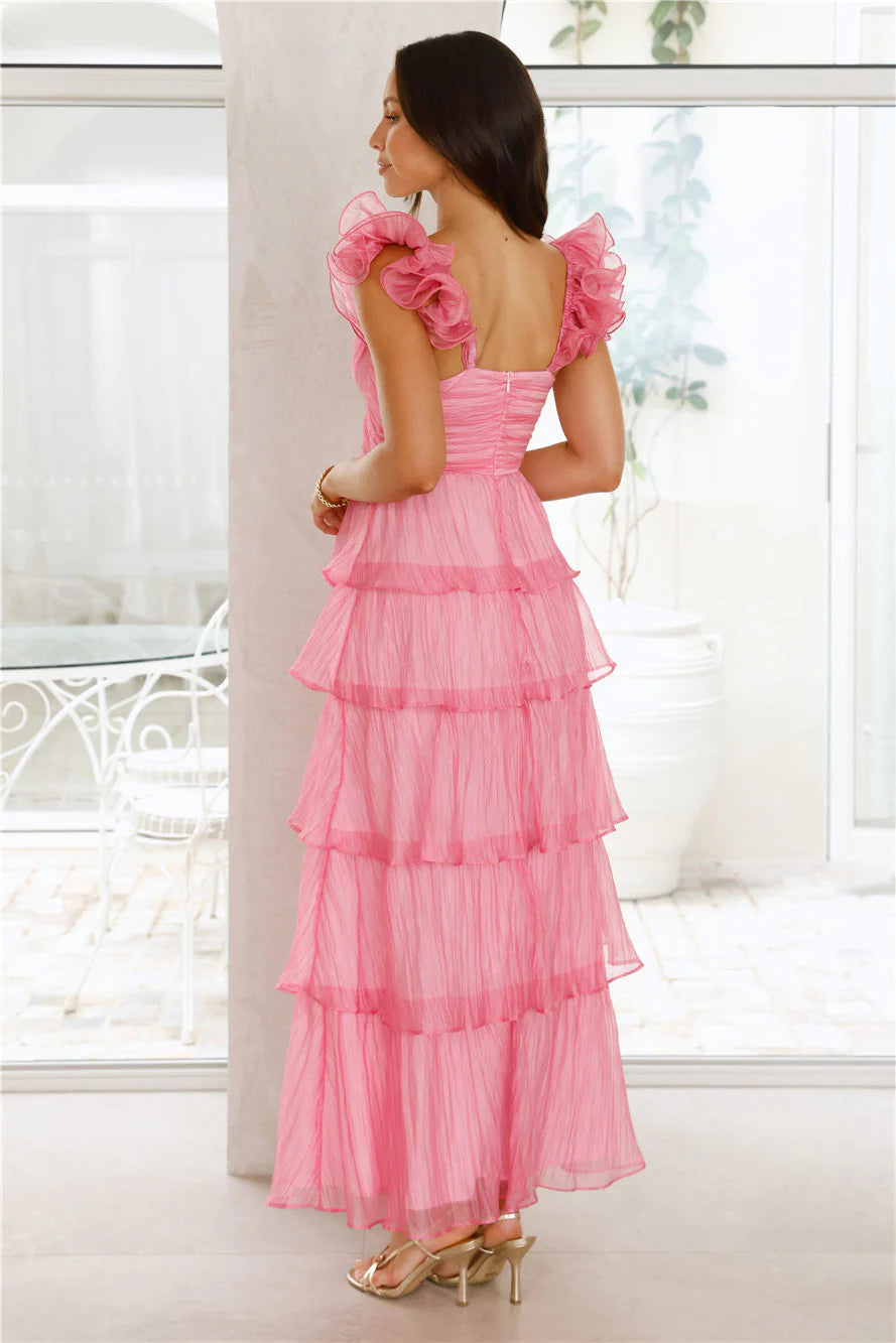 Pink Ruffle Strap Sweetheart Tiered Maxi Evening Dresses